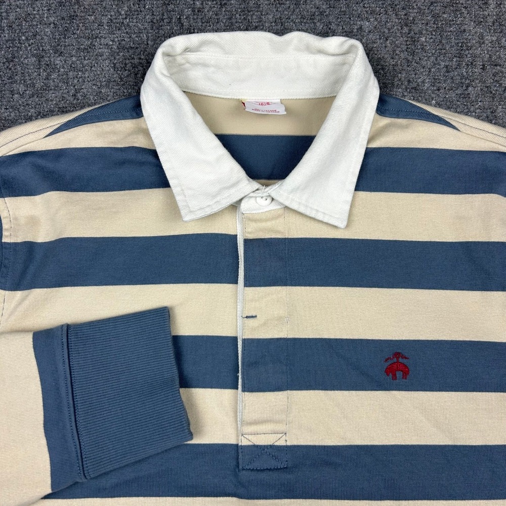 Brooks Brothers Rugby Shirt Mens XL Blue Tan Striped Cotton Long Sleeve Preppy